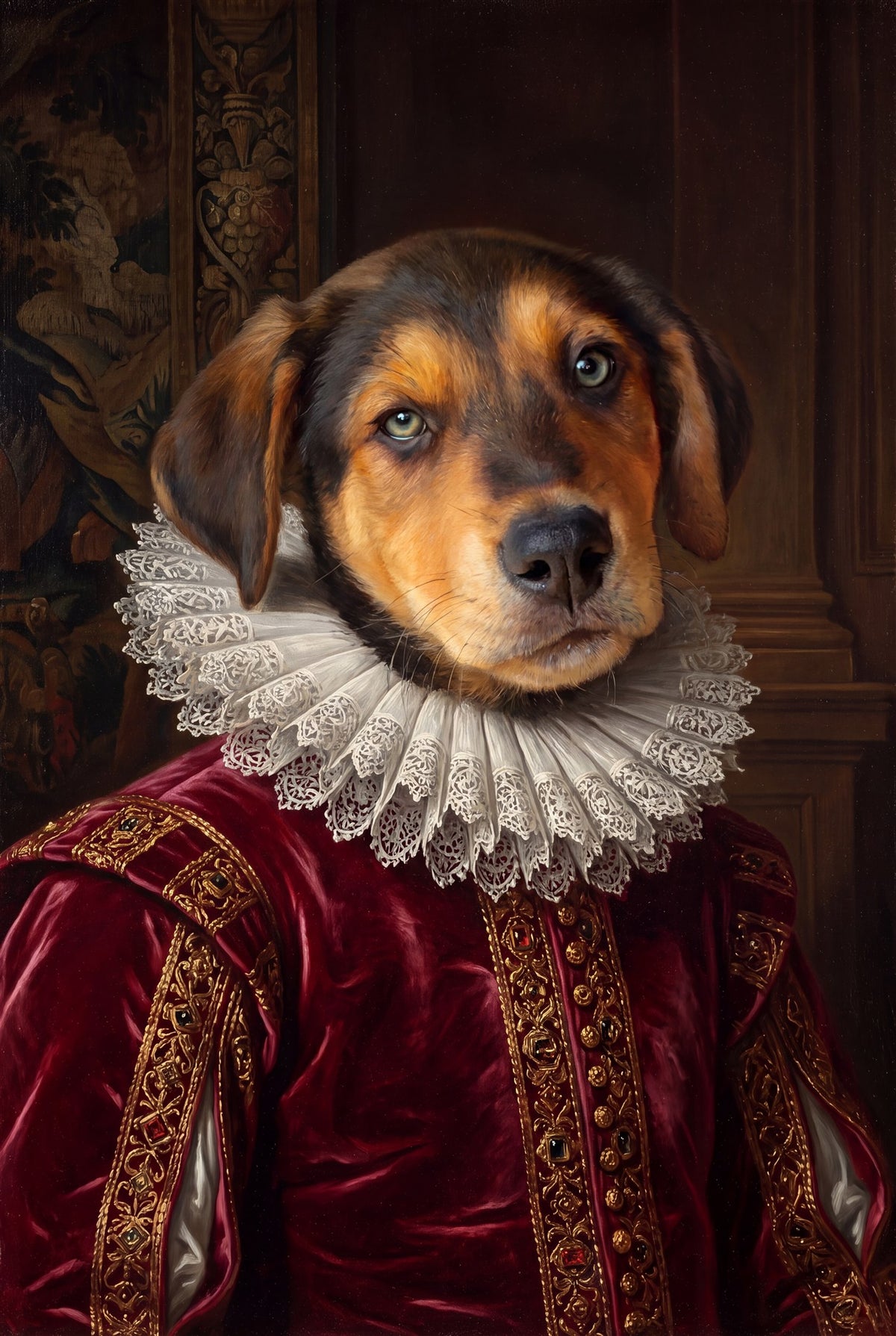 Renaissance royal portrait of a black-and-tan puppy in crimson velvet and a lace ruff