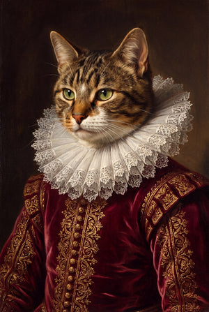 Renaissance royal portrait of a tabby cat in crimson velvet and a lace ruff