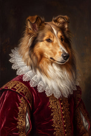 Renaissance royal portrait of a sable rough collie in crimson velvet and a lace ruff