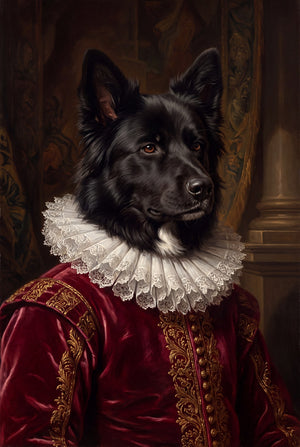 Renaissance royal portrait of a black long-haired dog in crimson velvet and a lace ruff
